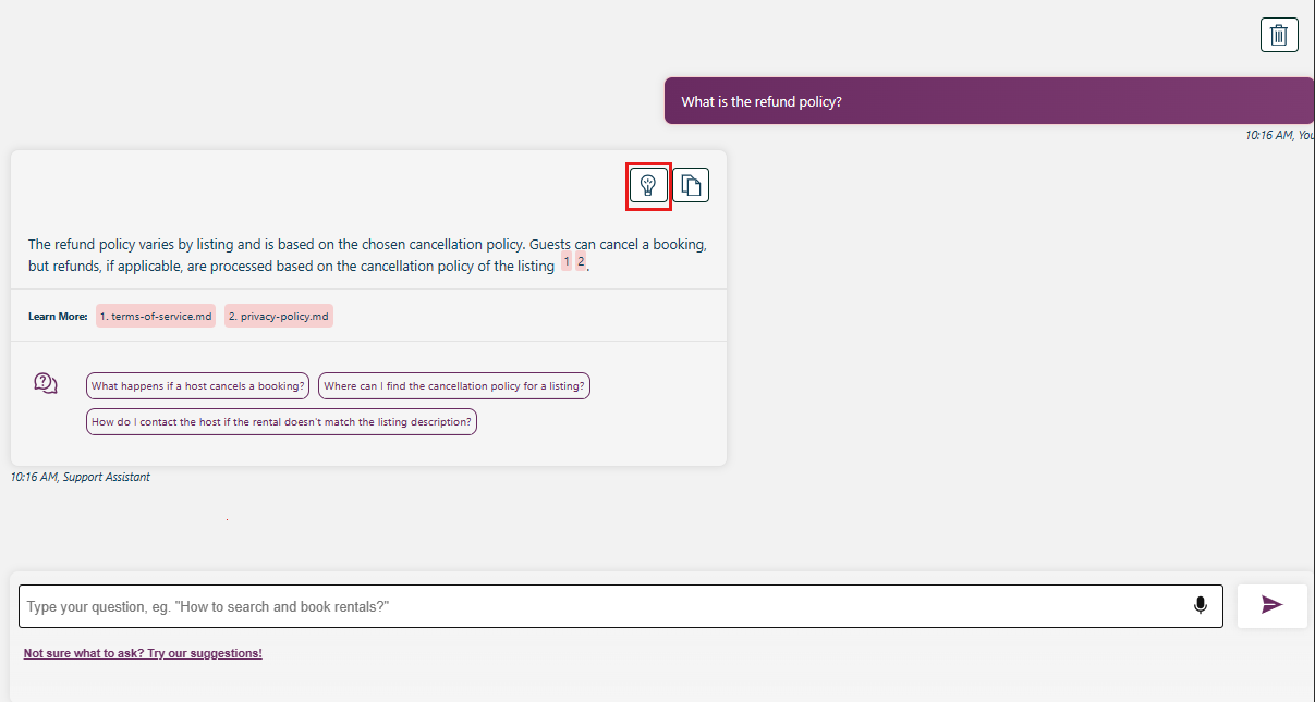 Screenshot of chat app's first answer with Show thought process highlighted in a red box.