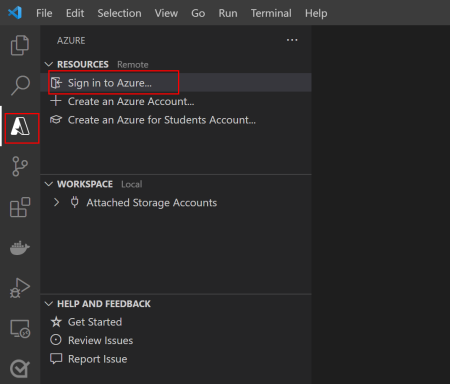 Screenshot of the Visual Studio Code showing how to sign-in the Azure tools to Azure.