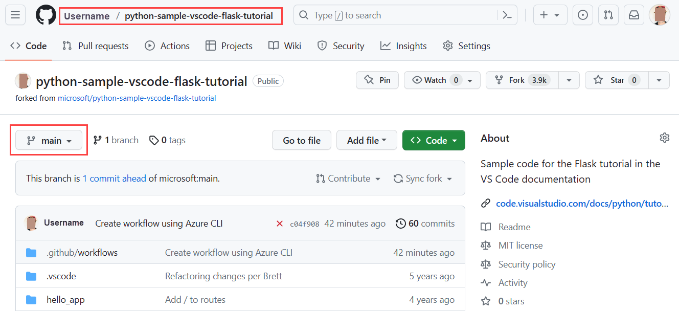 Screenshot showing how to go to the repo and branch where the GitHub Actions workflow is defined.