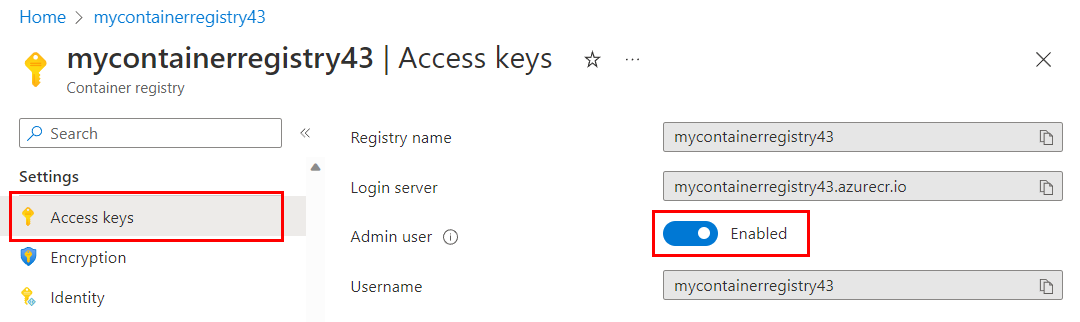 Screenshot showing how to set enable administrator user account for Azure Container Registry in Azure portal.