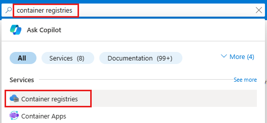 Screenshot showing how to search for container registries services in Azure portal.