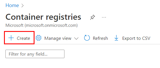Screenshot showing how to start creating a new Azure Container Registry in Azure portal.