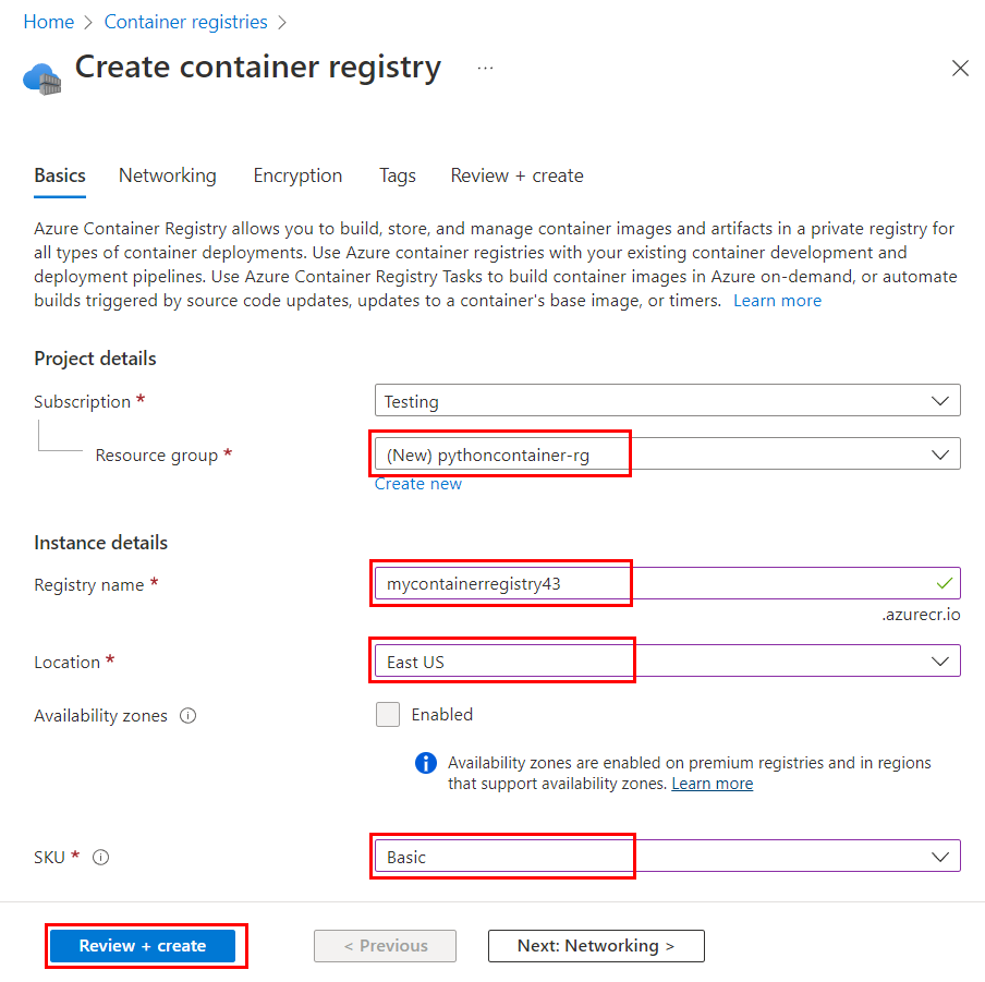 Screenshot showing how to start specify a new Azure Container Registry in Azure portal.