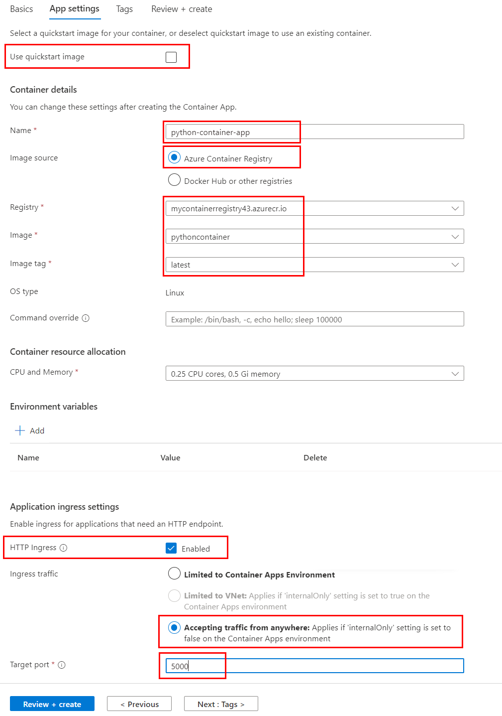 Screenshot showing how to the configure app settings for an Azure Container Apps service in Azure portal.