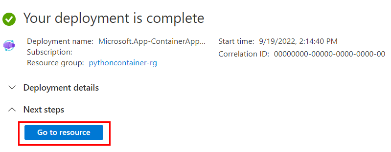 Screenshot showing the resource deployment complete page for an Azure Container Apps service in Azure portal.