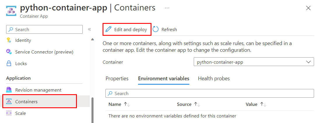 Screenshot showing how to edit a Azure Containers Apps container in Azure portal.