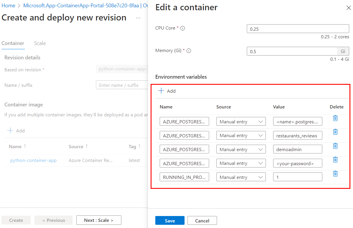 Screenshot showing how to add environment variables to an Azure Container Apps revision in Azure portal.