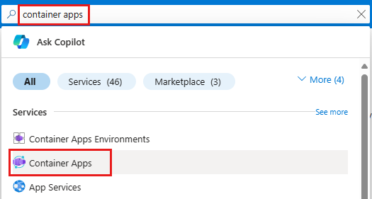 Screenshot showing how to search for the Azure Container Apps service in Azure portal.