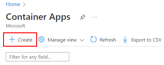 Screenshot showing how to start the create process for an Azure Container Apps service in Azure portal.