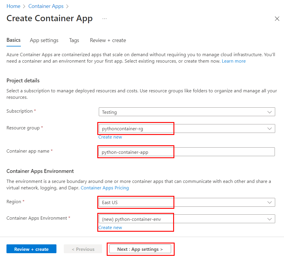 Screenshot showing how to start the configure basic settings for an Azure Container Apps service in Azure portal.