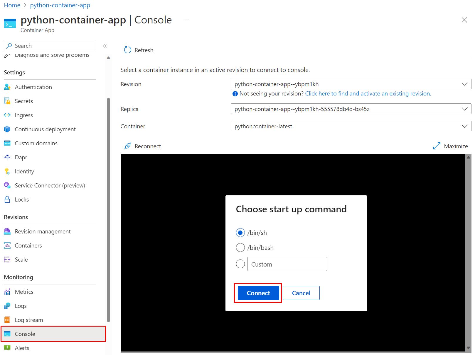 Screenshot showing how to connect to an Azure Container Apps container in Azure portal.