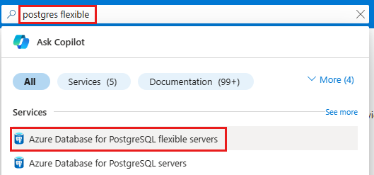 Screenshot showing how to search for Azure PostgreSQL Flexible Server resources in Azure portal.