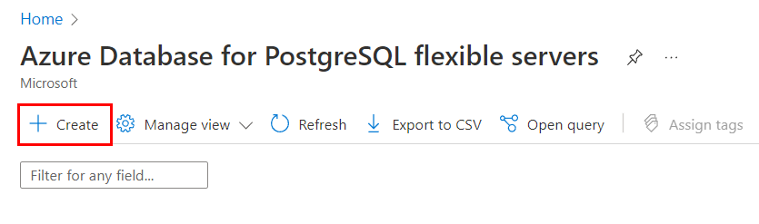 Screenshot showing how to create an Azure PostgreSQL Flexible Server instance in Azure portal.