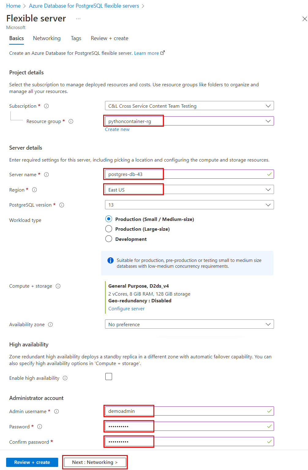 Screenshot showing how to specify basic settings of an Azure PostgreSQL Flexible Server instance in Azure portal.