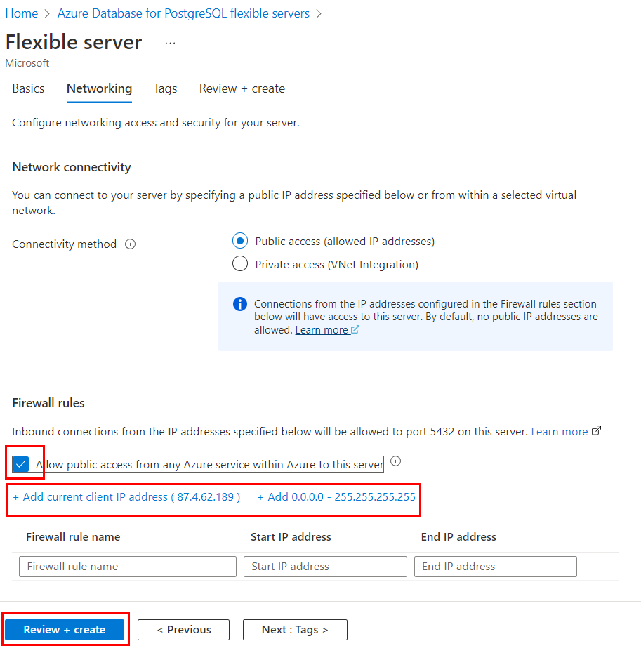 Screenshot showing how to specify networking settings of an Azure PostgreSQL Flexible Server instance in Azure portal.