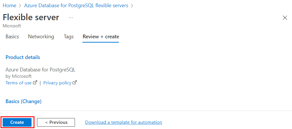 Screenshot showing how to finish creation of an Azure PostgreSQL Flexible Server instance in Azure portal.