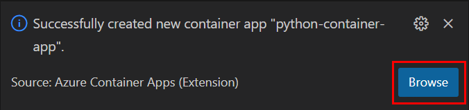 Screenshot showing how to browse to an Azure Container app after it is created in Visual Studio Code.