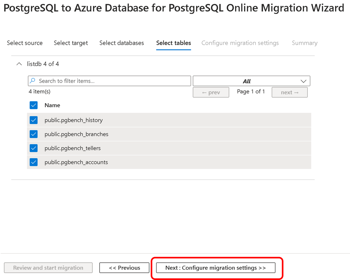 Screenshot of a selecting the tables for migration screen.