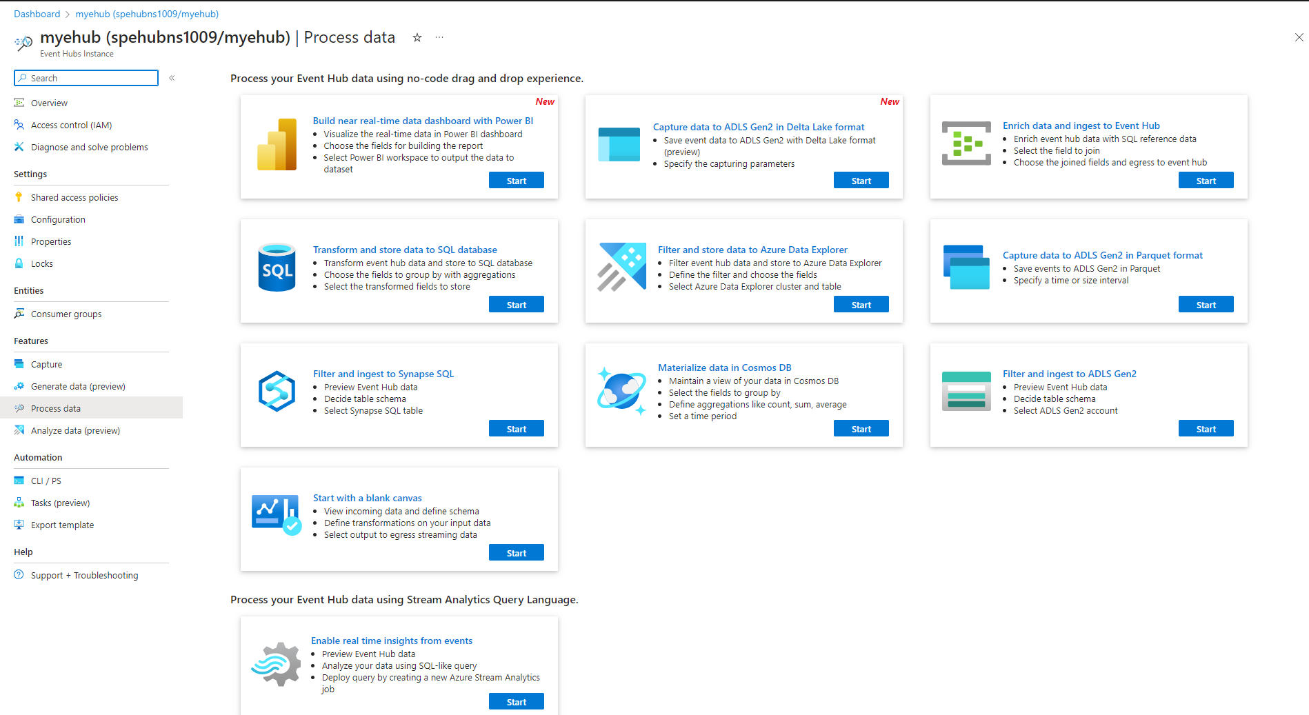 Screenshot that shows the Process data page with the Enable real-time insights from events tile.