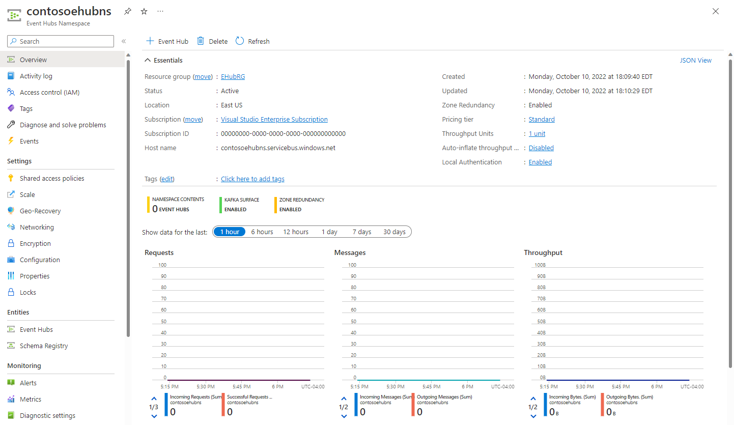 Screenshot of the home page for your Event Hubs namespace in the Azure portal.
