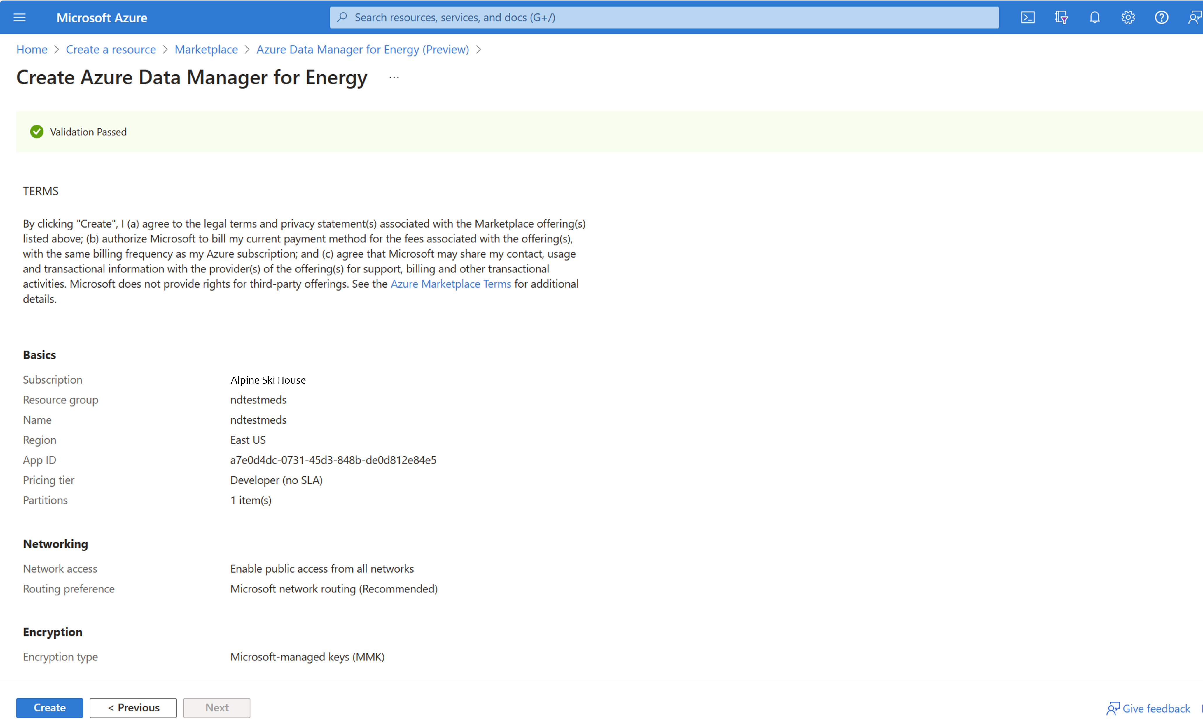 Screenshot of the tab for reviewing details for an Azure Data Manager for Energy instance before creation, including validation results.