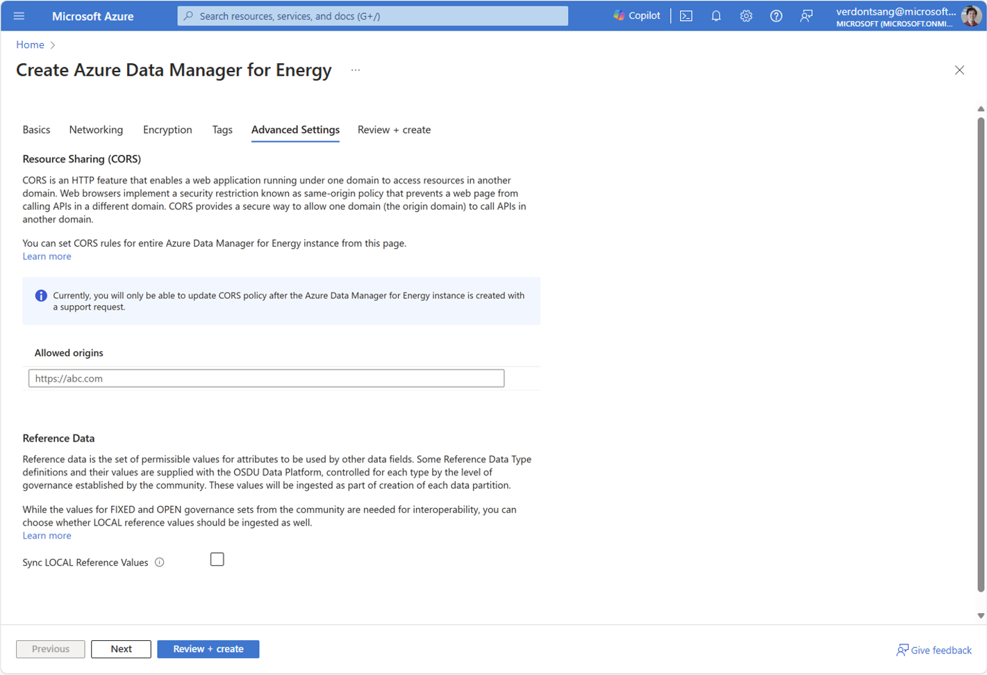 Screenshot of the tab for configuring cross-origin resource sharing in Azure Data Manager for Energy.