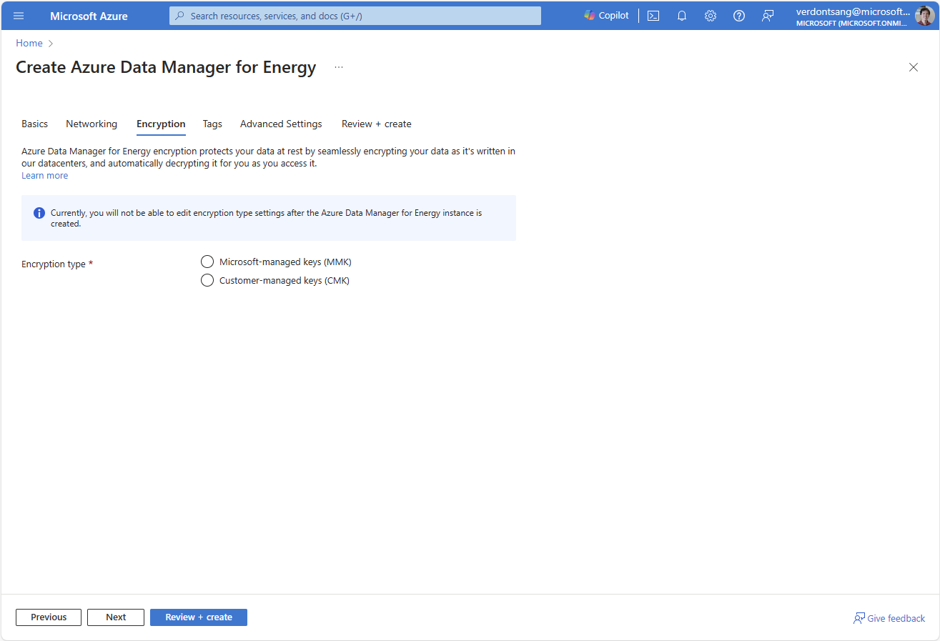 Screenshot of the tab for data encryption options in Azure Data Manager for Energy.