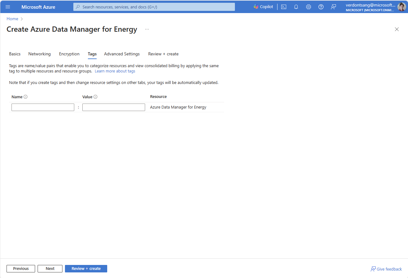 Screenshot of the tab for specifying tags in Azure Data Manager for Energy.