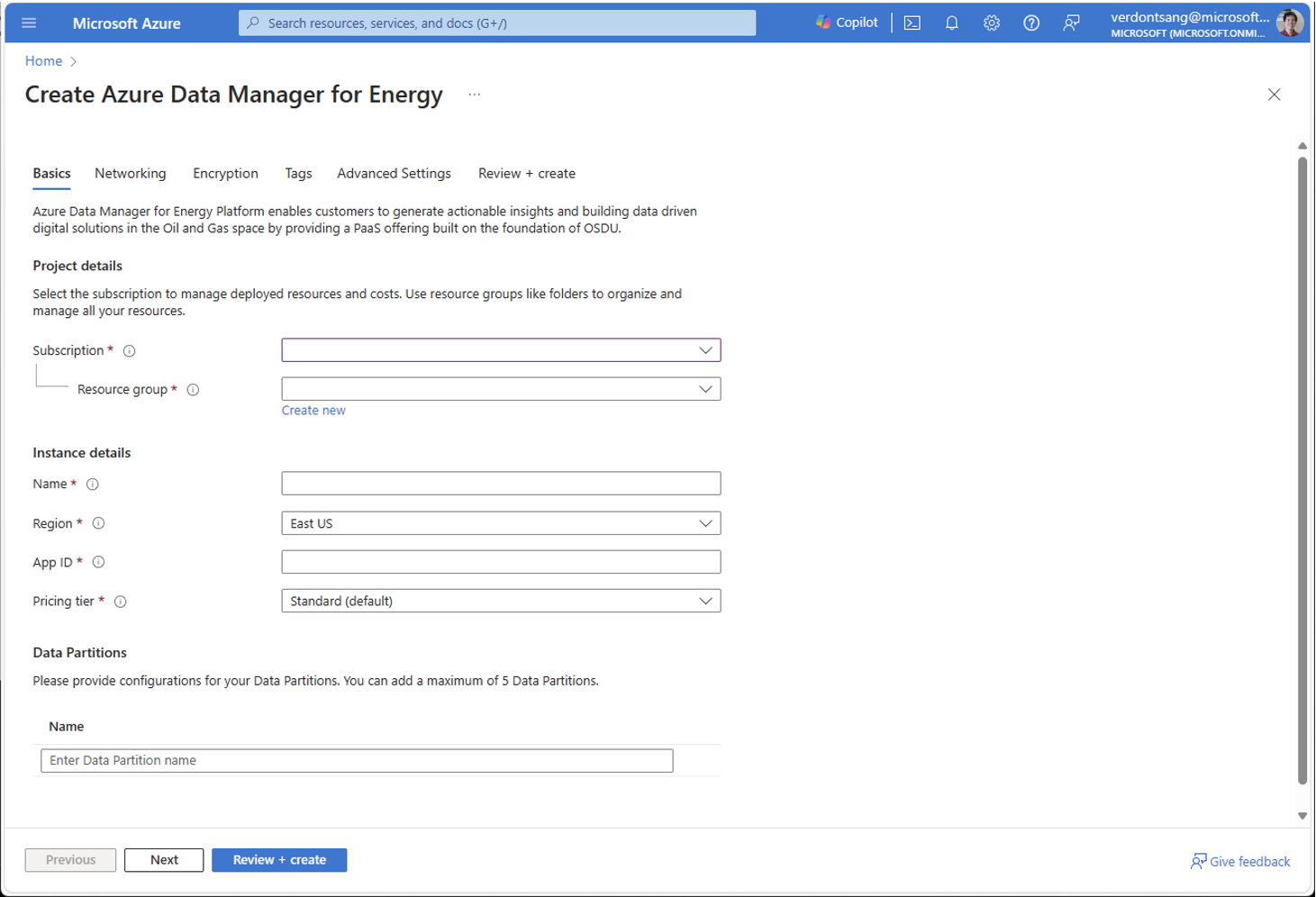 Screenshot of the tab for entering basic details for an Azure Data Manager for Energy instance.