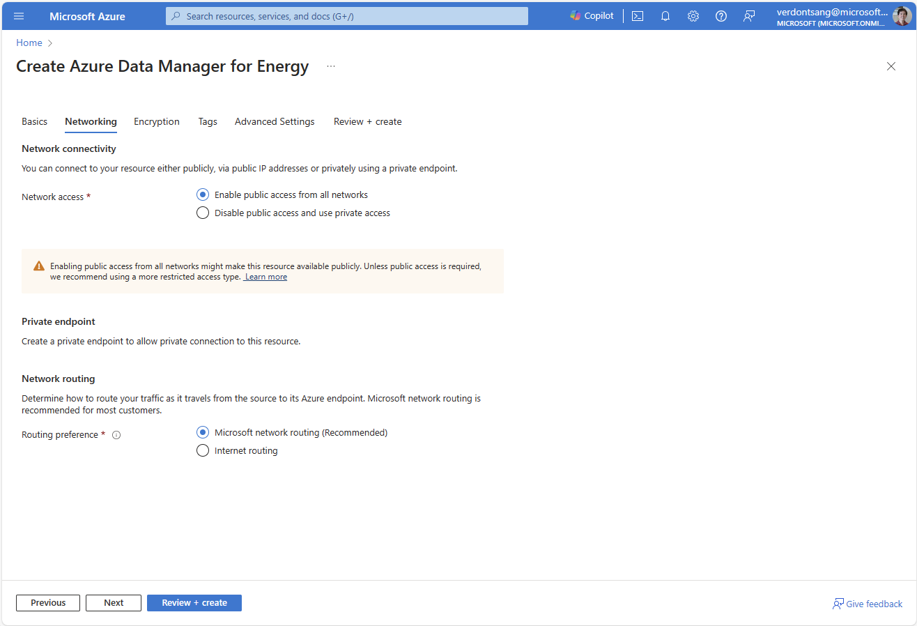 Screenshot of the tab for configuring network connectivity and network routing in Azure Data Manager for Energy.