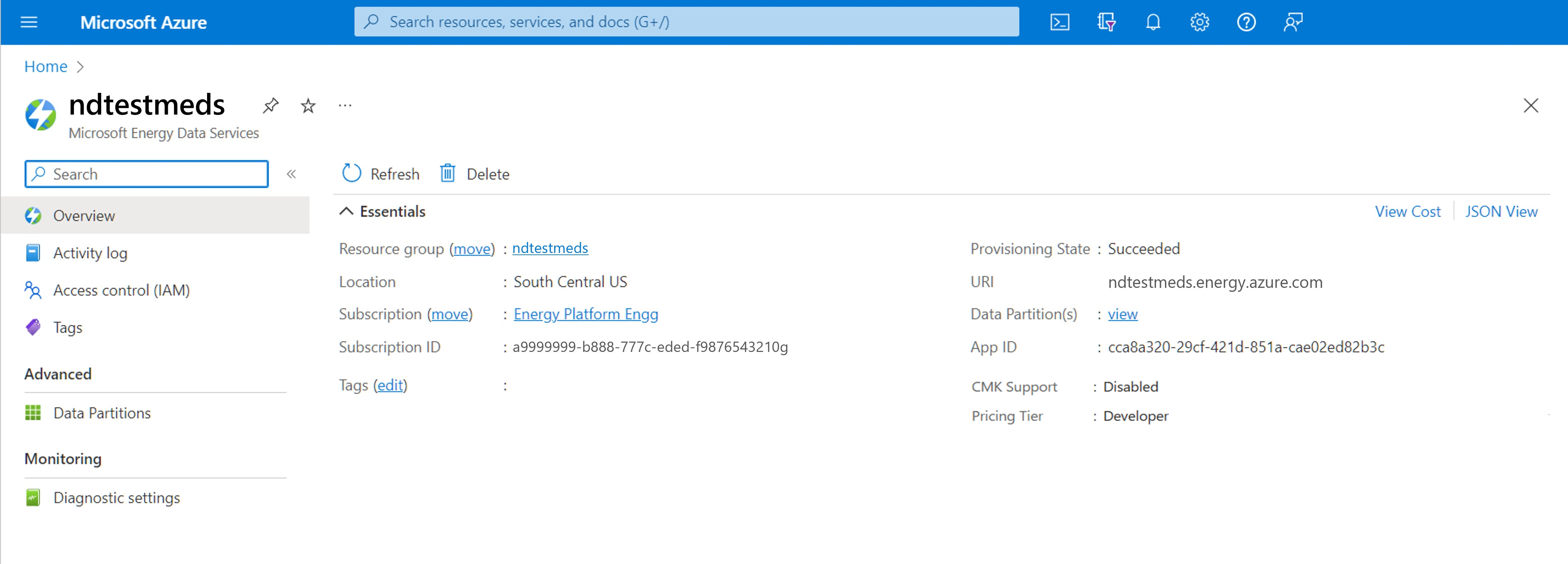 Screenshot of the overview page for an Azure Data Manager for Energy instance.