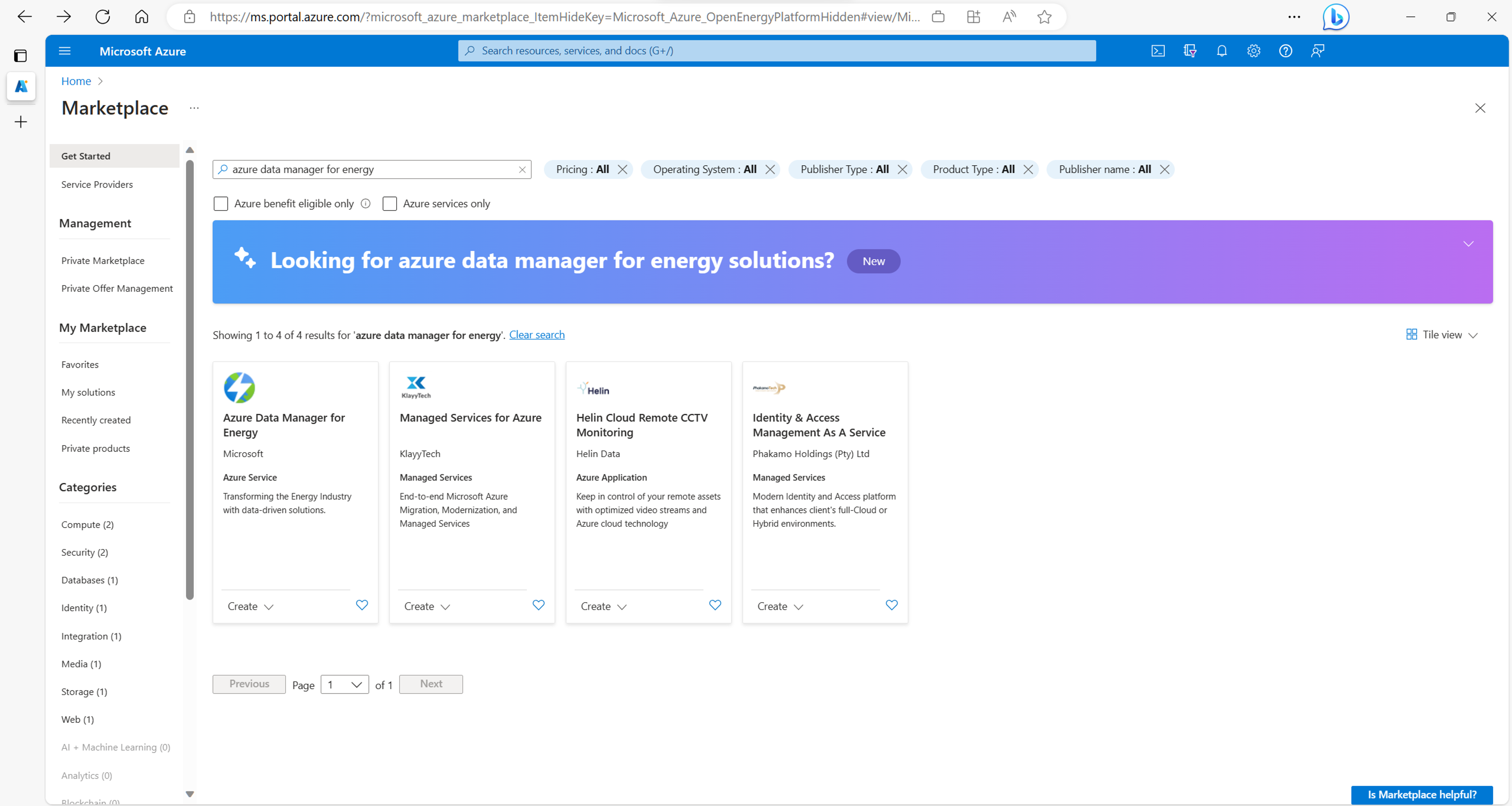 Screenshot of the search for Azure Data Manager for Energy in Azure Marketplace.