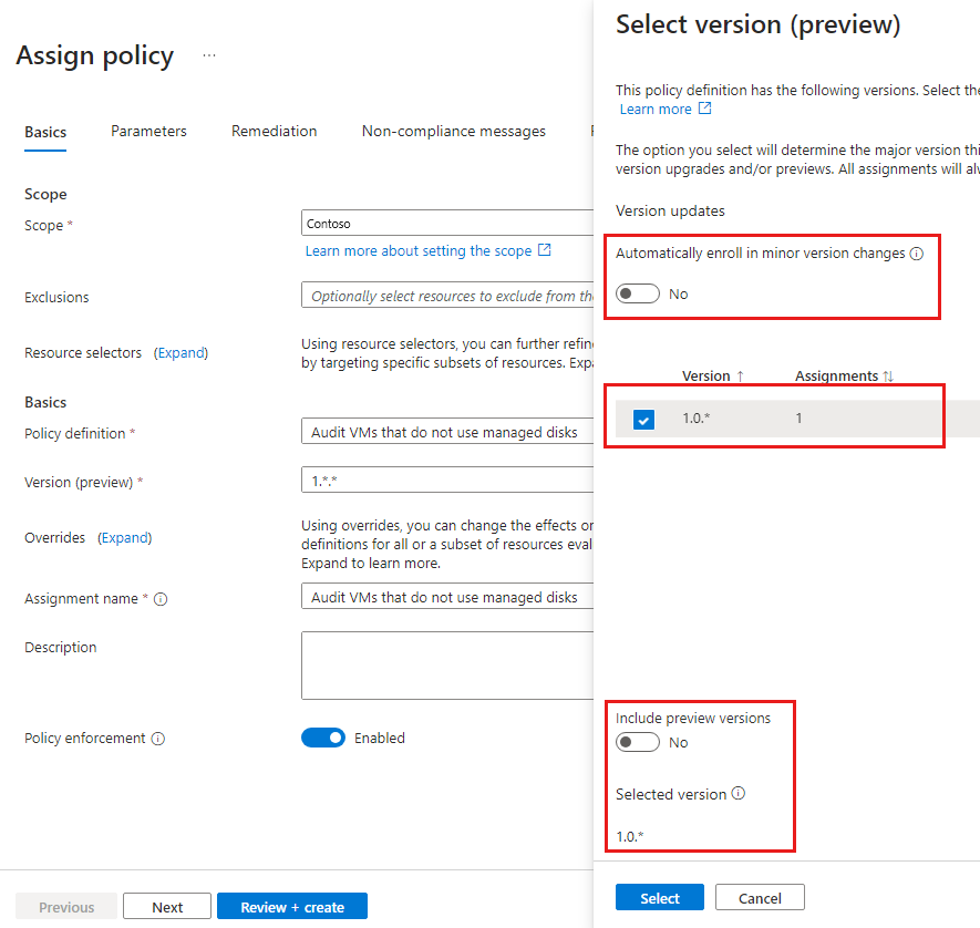 Screenshot of the policy definition version options to enroll in minor or preview versions.