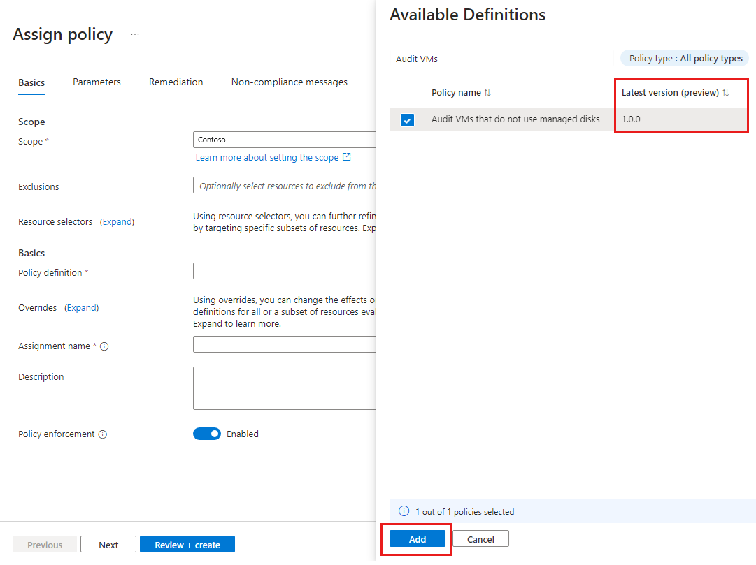 Screenshot of the policy assignment and available definitions that highlights policy version.