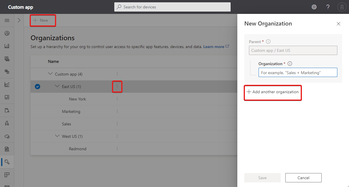 Screenshot that shows the options for creating an organization hierarchy.