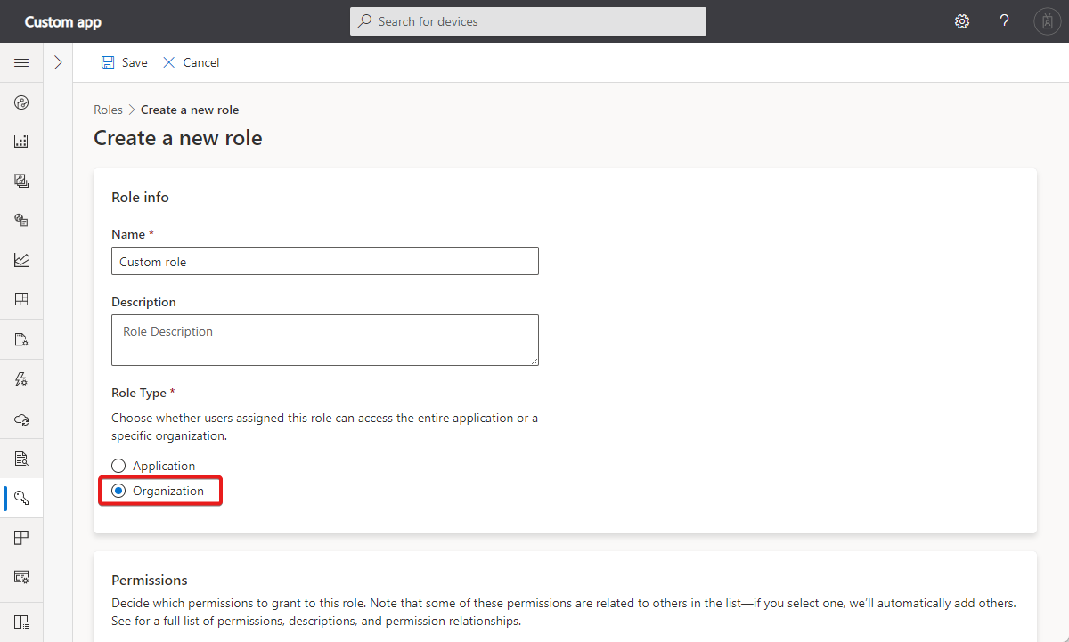 Screenshot that shows how to create a custom organization role.