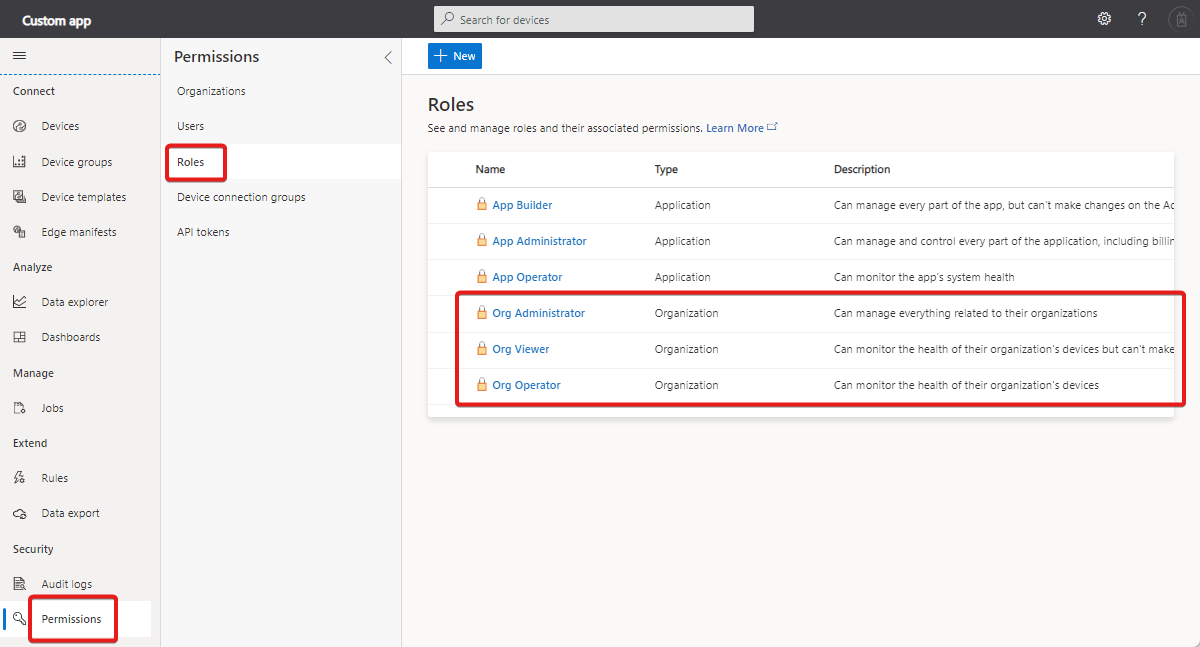 Screenshot that shows the three organization roles.