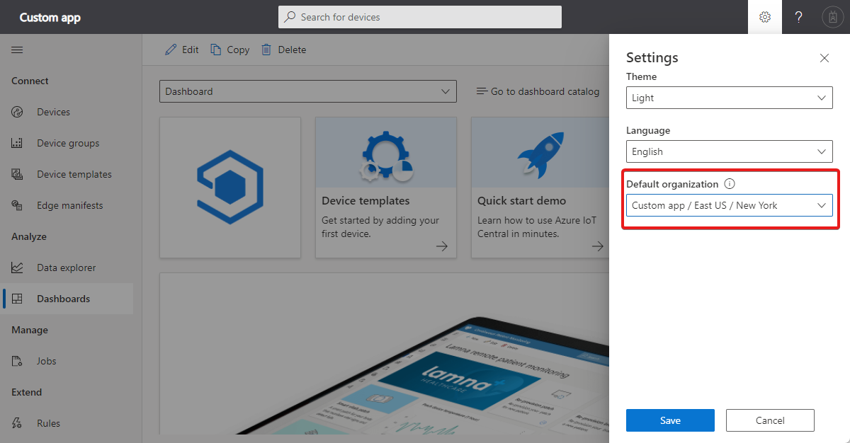 Screenshot that shows how to set your default organization.