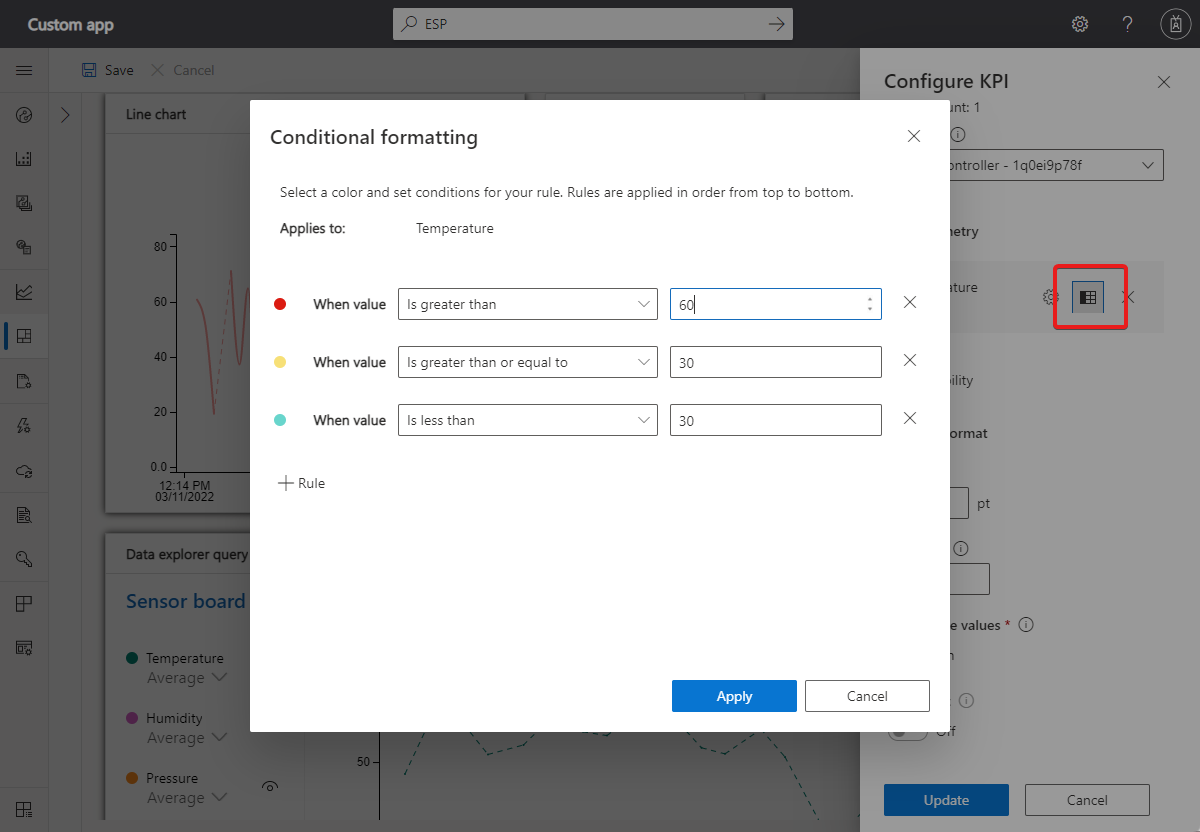 Screenshot that shows conditional formatting rules for temperature. There are rules for less than, greater than, and greater than or equal to.