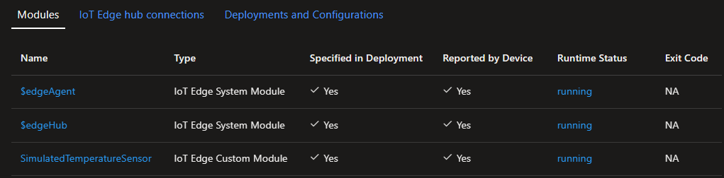 Screenshot that shows the SimulatedTemperatureSensor in the list of deployed modules.