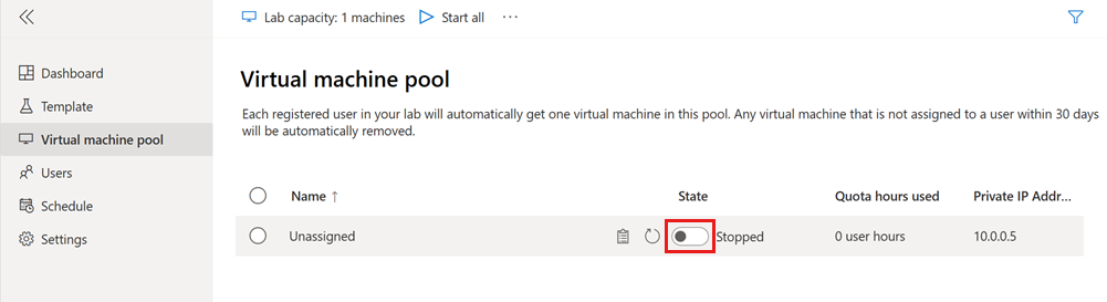 Screenshot that shows how to start a lab VM by toggling the state in the list of virtual machines.