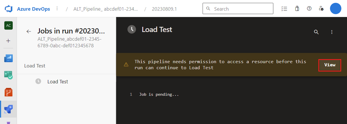 Screenshot that shows the alert message that the Azure pipeline run needs permission to access a resource.