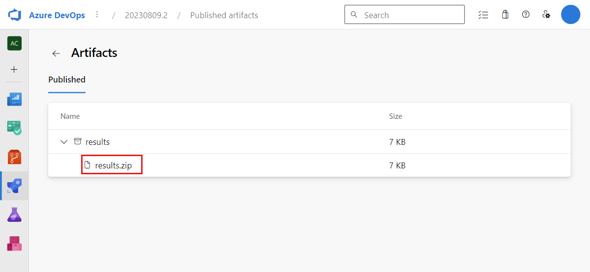 Screenshot that shows the artifacts page for pipeline run in Azure Pipelines, highlighting the load test results zip file.