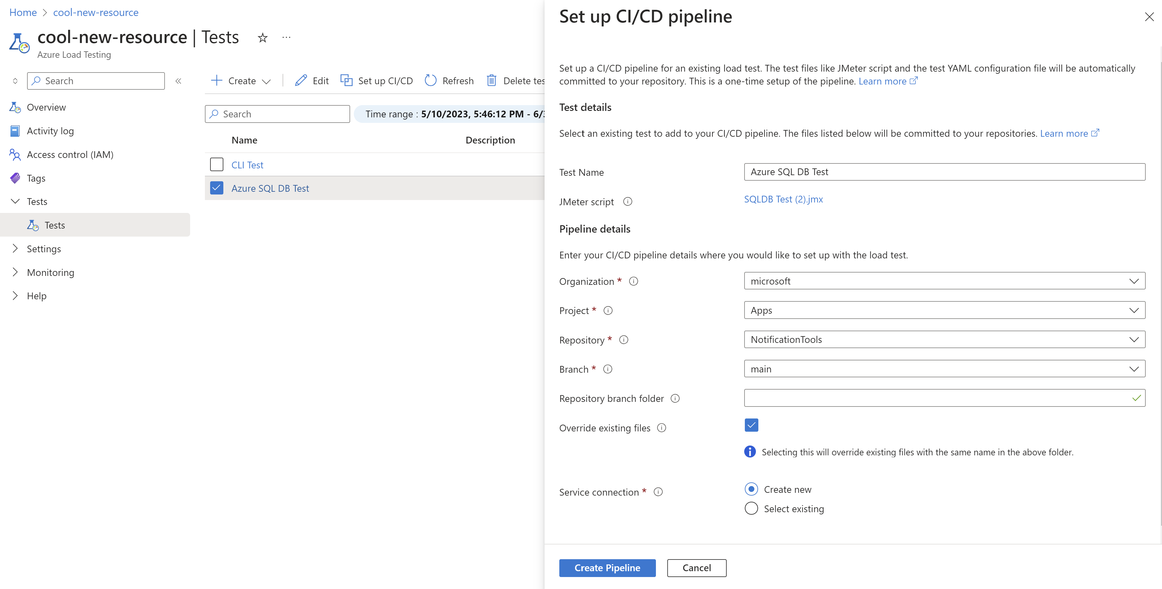 Screenshot that shows the settings to be configured to set up a CI/CD pipeline.