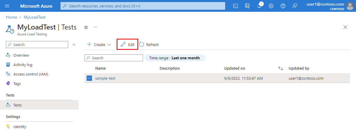 Screenshot that shows how to edit a load test in the Azure portal.
