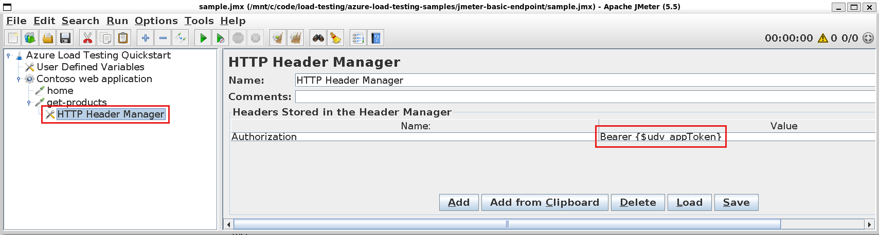 Screenshot that shows how to add an authorization header to a request in JMeter.