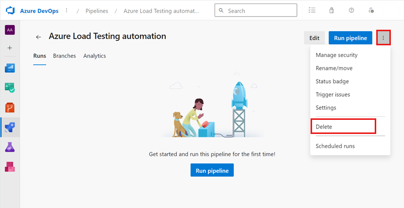 Screenshot that shows how to delete an Azure Pipelines definition.