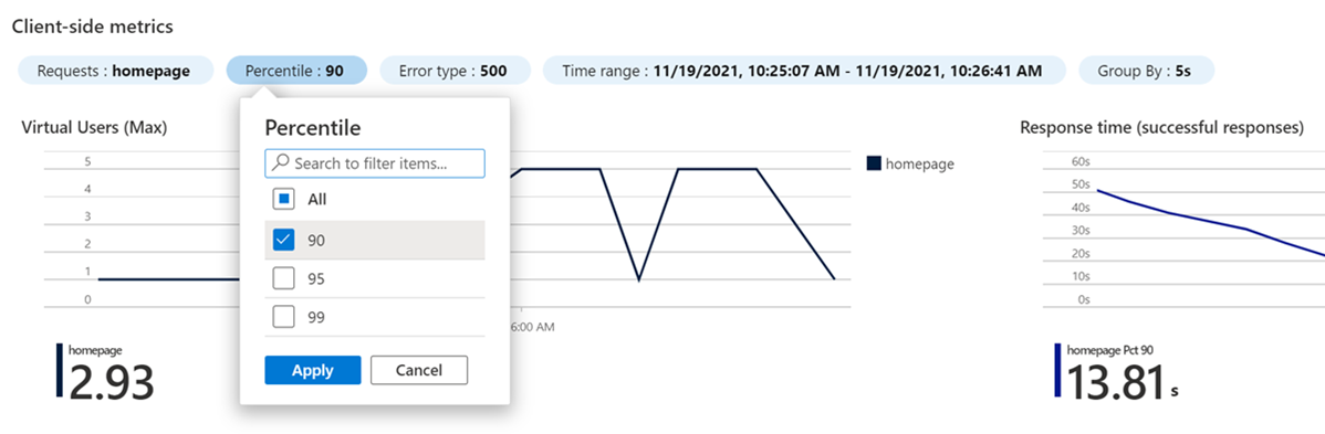 Screenshot that shows the filter criteria for the results of a load test.