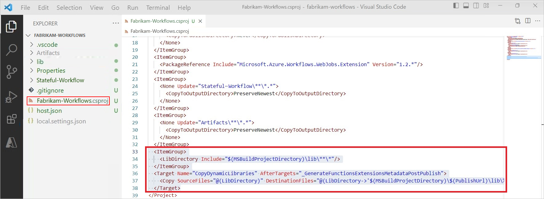 Screenshot shows migrated assemblies and added code in the CSPROJ file.