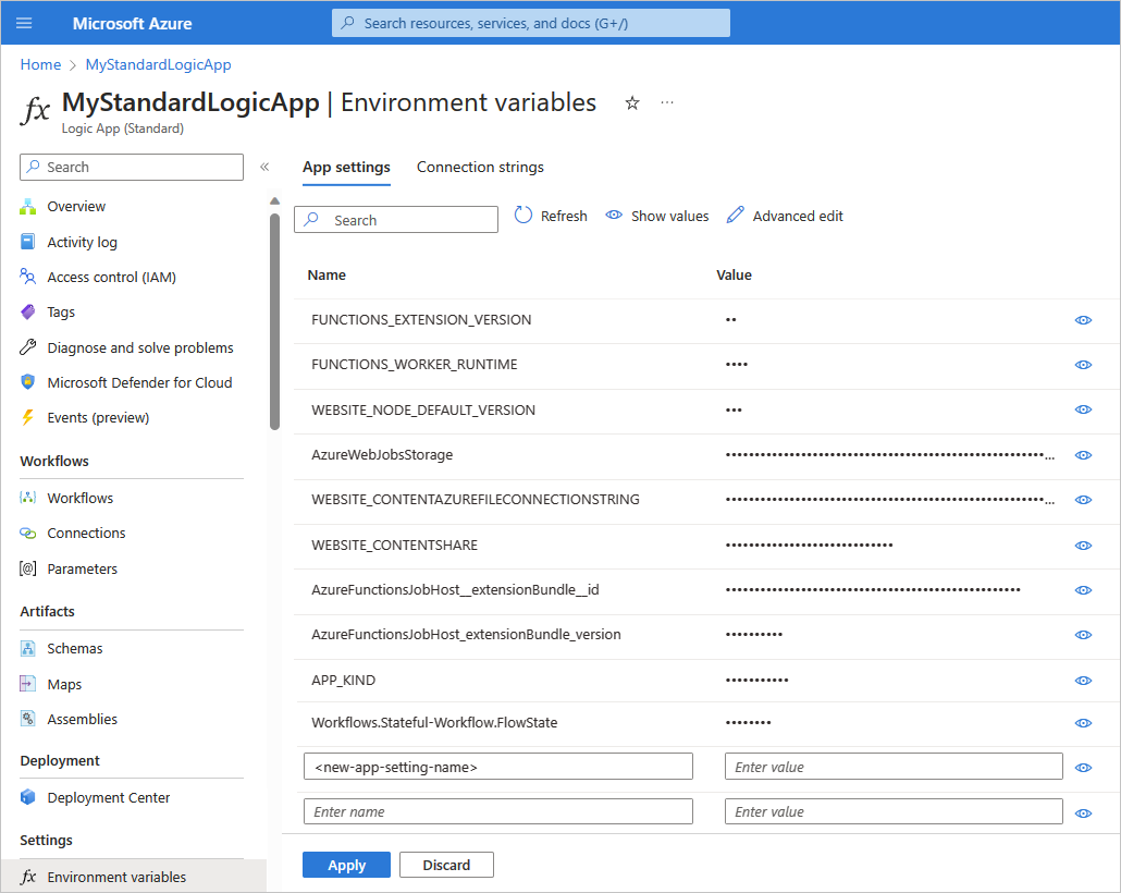 Screenshot shows Azure portal with app settings page and values for a Standard logic app resource.